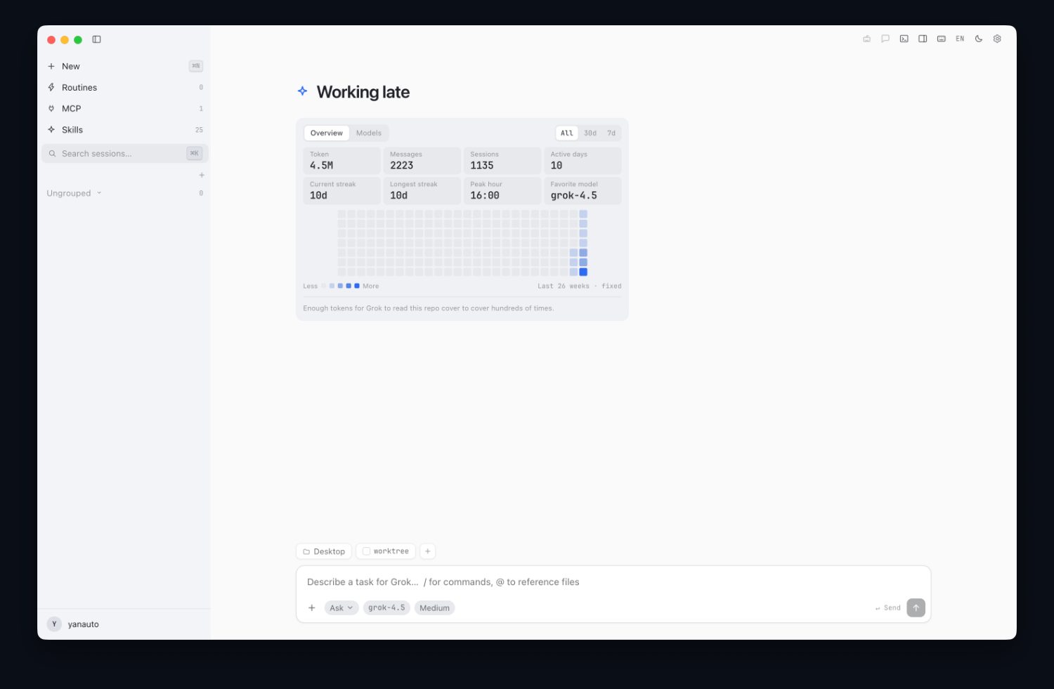 Perigee on macOS: a session sidebar on the left, a usage overview with token, message and session counts, an activity heat map, and a prompt composer at the bottom.